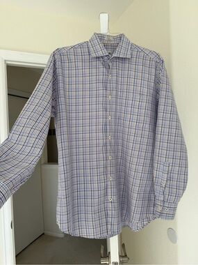 Peter Millar Shirt Men LBlue Purple Plaid Button Up Cotton Pocket Long Sleeve L